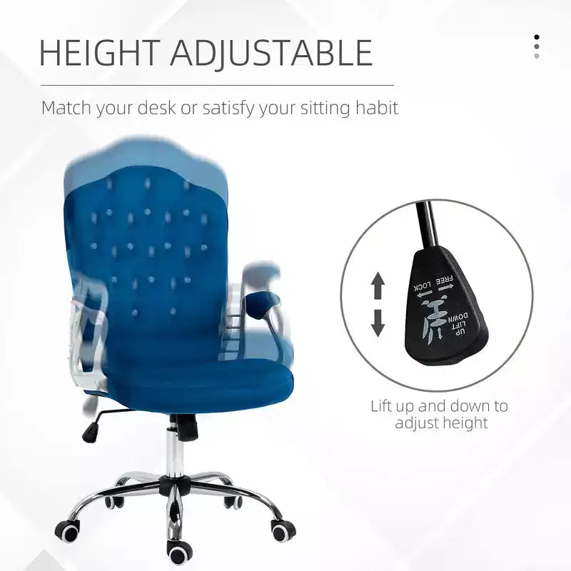 Sedia da ufficio girevole in velluto blu/grigio chiaro, braccioli fissi, sedile singolo