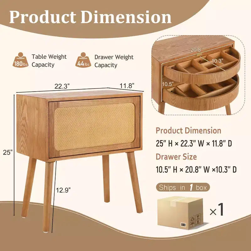 Comodino con pannello in rattan naturale/noce con cassetto ribaltabile, 1 pezzo