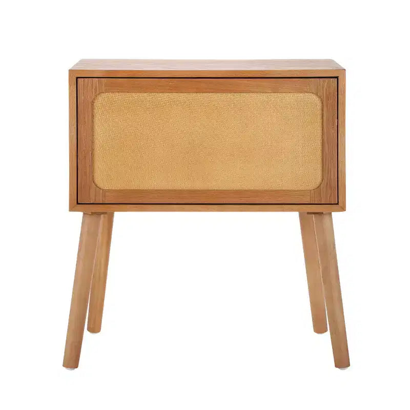 Comodino con pannello in rattan naturale/noce con cassetto ribaltabile, 1 pezzo