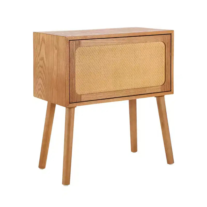 Comodino con pannello in rattan naturale/noce con cassetto ribaltabile, 1 pezzo