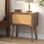 Comodino con pannello in rattan naturale/noce con cassetto ribaltabile, 1 pezzo