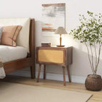 Comodino con pannello in rattan naturale/noce con cassetto ribaltabile, 1 pezzo
