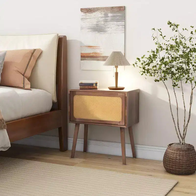 Comodino con pannello in rattan naturale/noce con cassetto ribaltabile, 1 pezzo