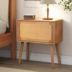 Comodino con pannello in rattan naturale/noce con cassetto ribaltabile, 1 pezzo