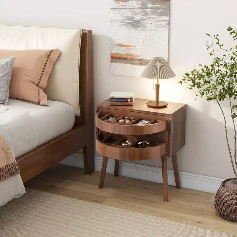Comodino con pannello in rattan naturale/noce con cassetto ribaltabile, 1 pezzo