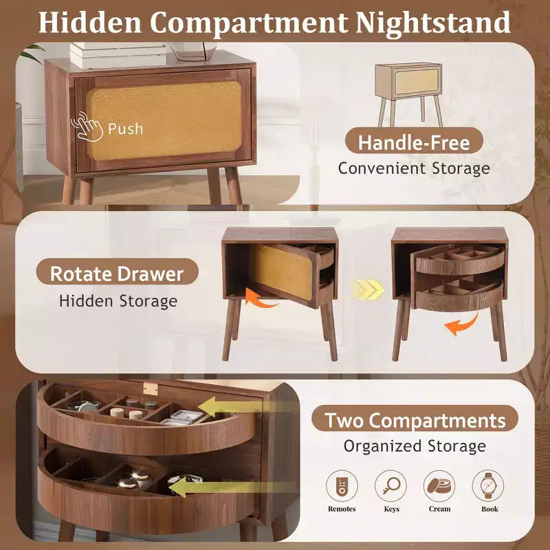 Comodino con pannello in rattan naturale/noce con cassetto ribaltabile, 1 pezzo