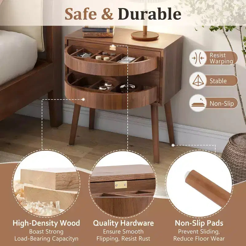 Comodino con pannello in rattan naturale/noce con cassetto ribaltabile, 1 pezzo