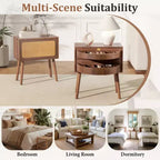 Comodino con pannello in rattan naturale/noce con cassetto ribaltabile, 1 pezzo
