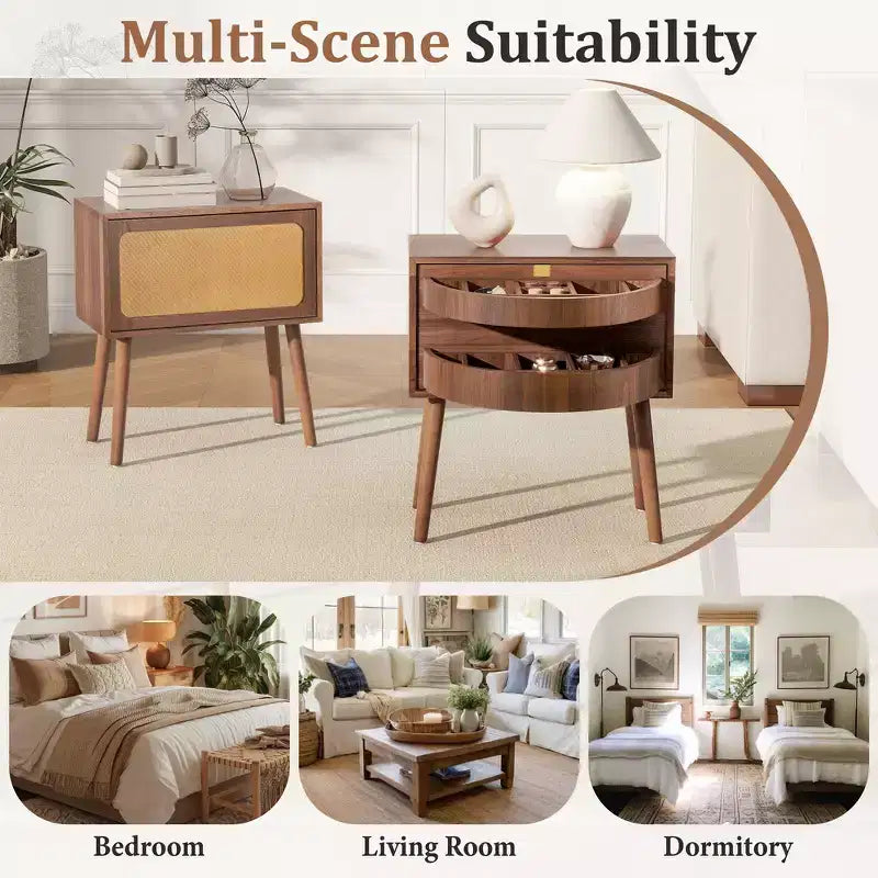 Comodino con pannello in rattan naturale/noce con cassetto ribaltabile, 1 pezzo