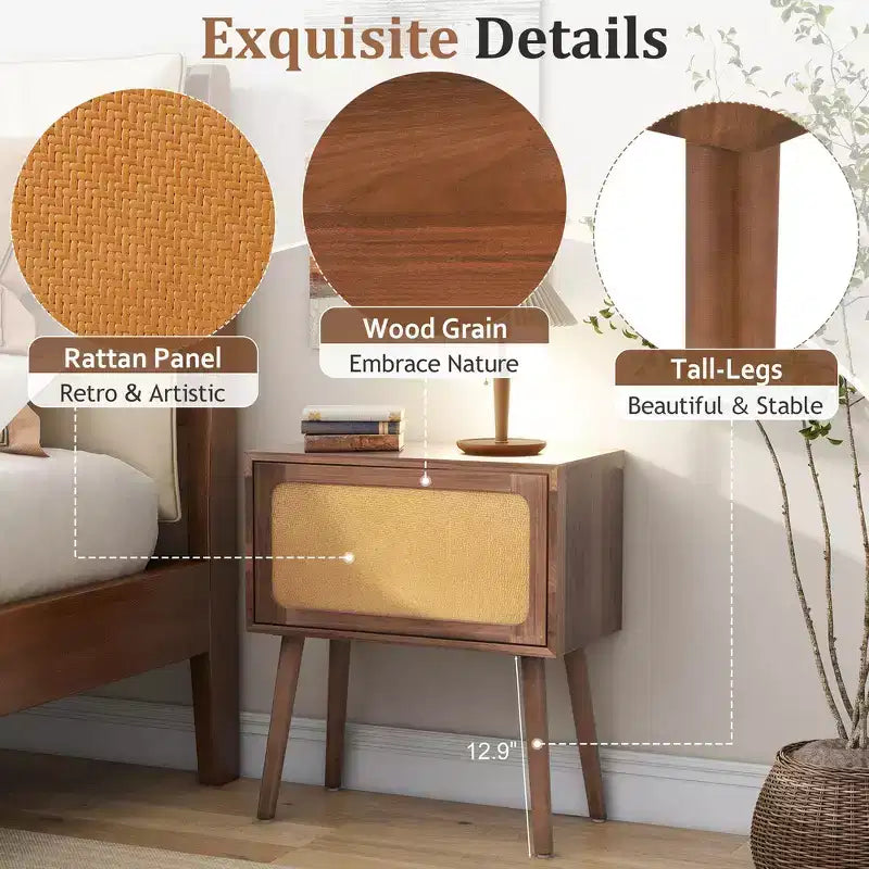 Comodino con pannello in rattan naturale/noce con cassetto ribaltabile, 1 pezzo