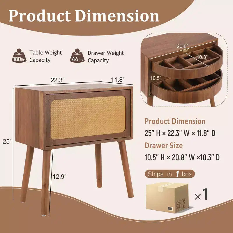 Comodino con pannello in rattan naturale/noce con cassetto ribaltabile, 1 pezzo