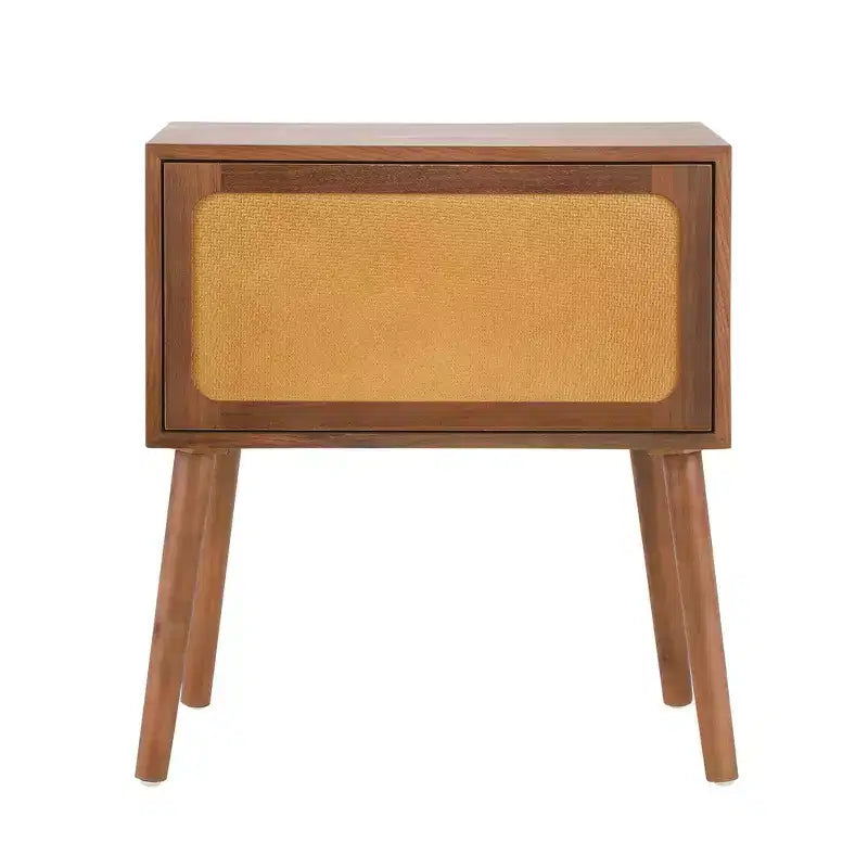 Comodino con pannello in rattan naturale/noce con cassetto ribaltabile, 1 pezzo
