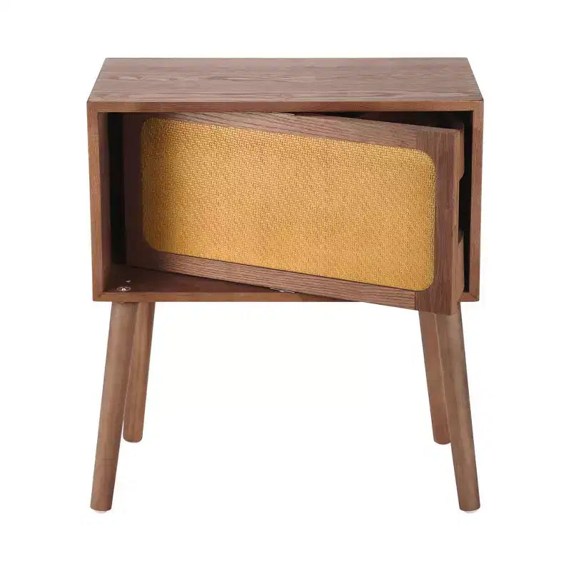 Comodino con pannello in rattan naturale/noce con cassetto ribaltabile, 1 pezzo