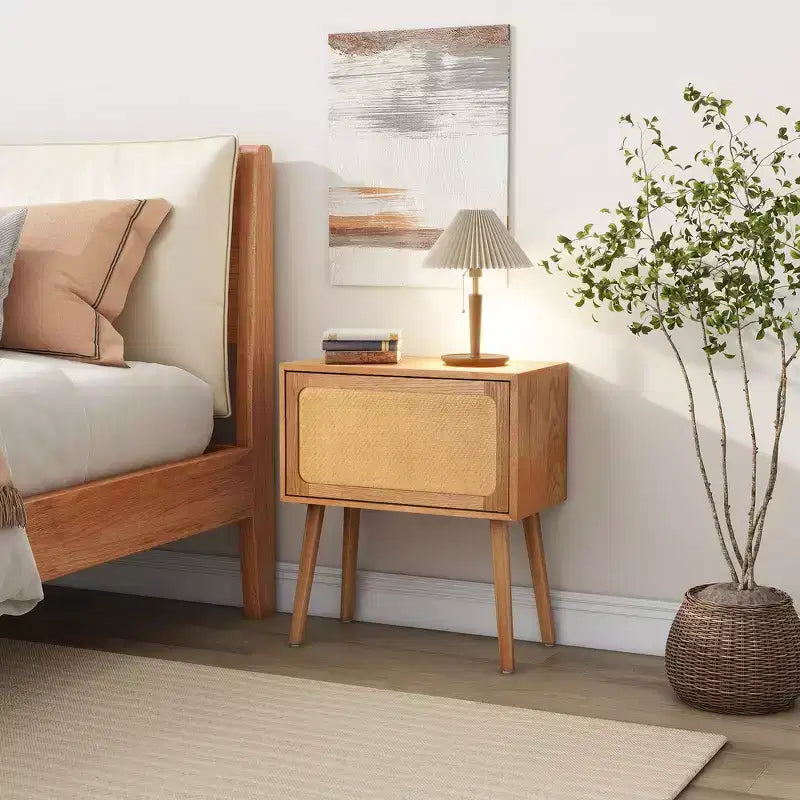 Comodino con pannello in rattan naturale/noce con cassetto ribaltabile, 1 pezzo