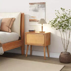 Comodino con pannello in rattan naturale/noce con cassetto ribaltabile, 1 pezzo