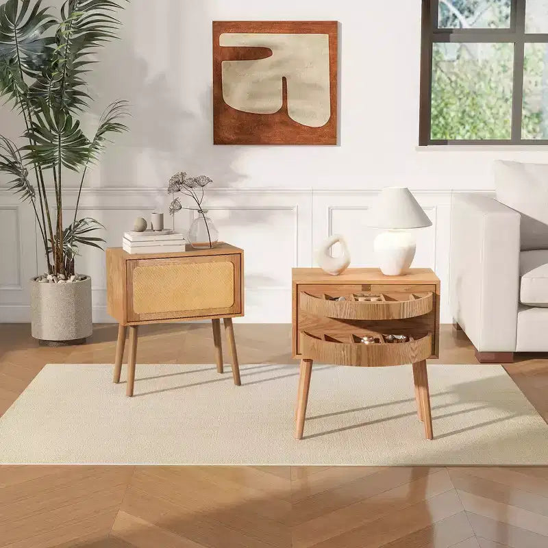 Comodino con pannello in rattan naturale/noce con cassetto ribaltabile, 1 pezzo