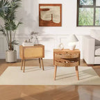 Comodino con pannello in rattan naturale/noce con cassetto ribaltabile, 1 pezzo