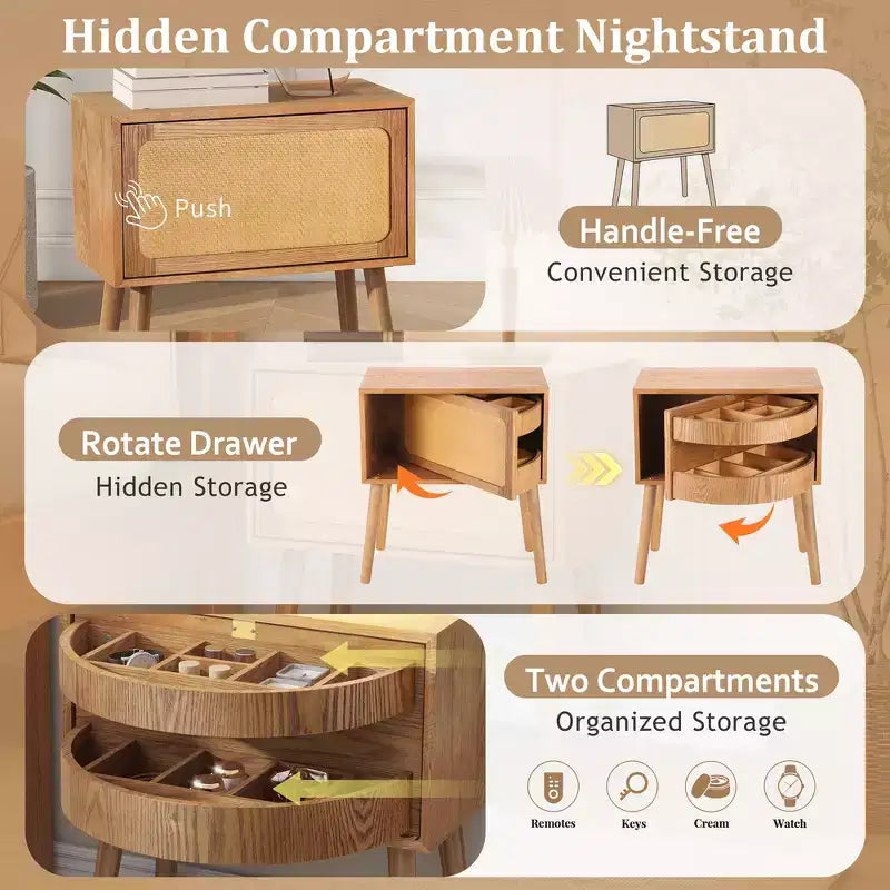 Comodino con pannello in rattan naturale/noce con cassetto ribaltabile, 1 pezzo