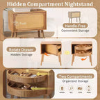 Comodino con pannello in rattan naturale/noce con cassetto ribaltabile, 1 pezzo