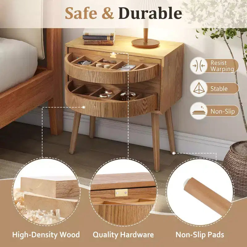 Comodino con pannello in rattan naturale/noce con cassetto ribaltabile, 1 pezzo