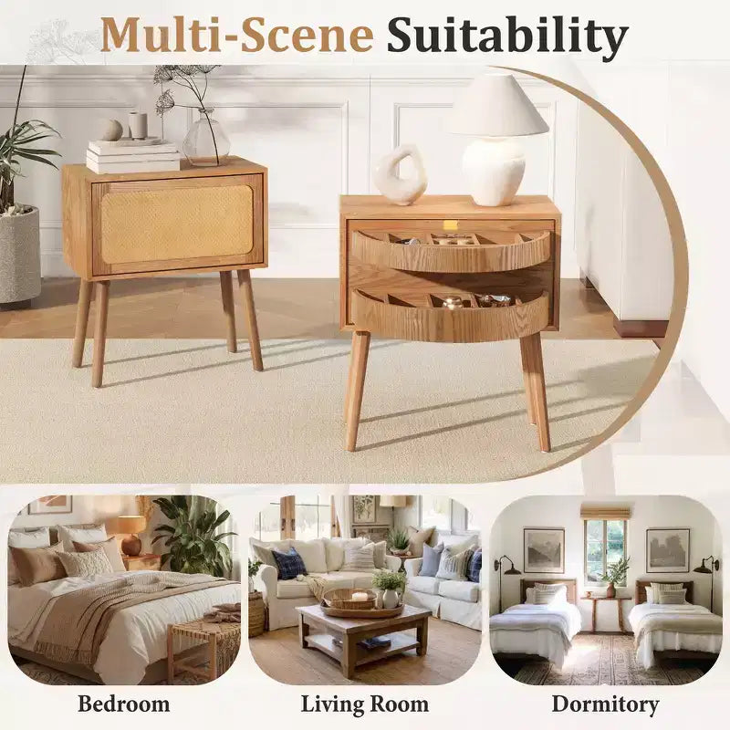 Comodino con pannello in rattan naturale/noce con cassetto ribaltabile, 1 pezzo