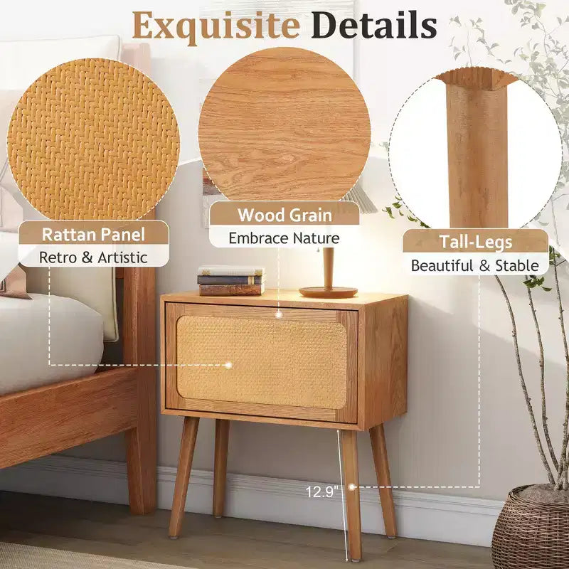 Comodino con pannello in rattan naturale/noce con cassetto ribaltabile, 1 pezzo