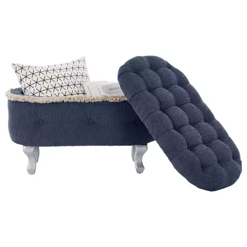 Panca contenitore trapuntata con bottoni e nappine, blu / grigio / arancione, imbottita, 1 posto a sedere