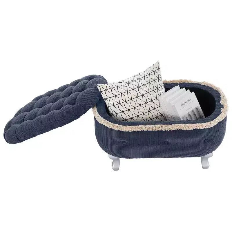 Panca contenitore trapuntata con bottoni e nappine, blu / grigio / arancione, imbottita, 1 posto a sedere