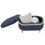 Panca contenitore trapuntata con bottoni e nappine, blu / grigio / arancione, imbottita, 1 posto a sedere