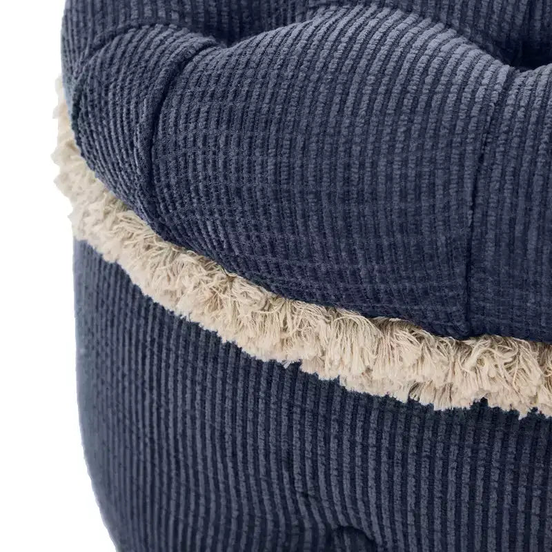 Panca contenitore trapuntata con bottoni e nappine, blu / grigio / arancione, imbottita, 1 posto a sedere