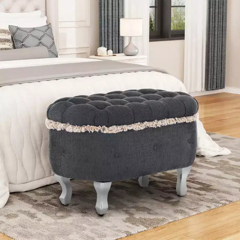 Panca contenitore trapuntata con bottoni e nappine, blu / grigio / arancione, imbottita, 1 posto a sedere