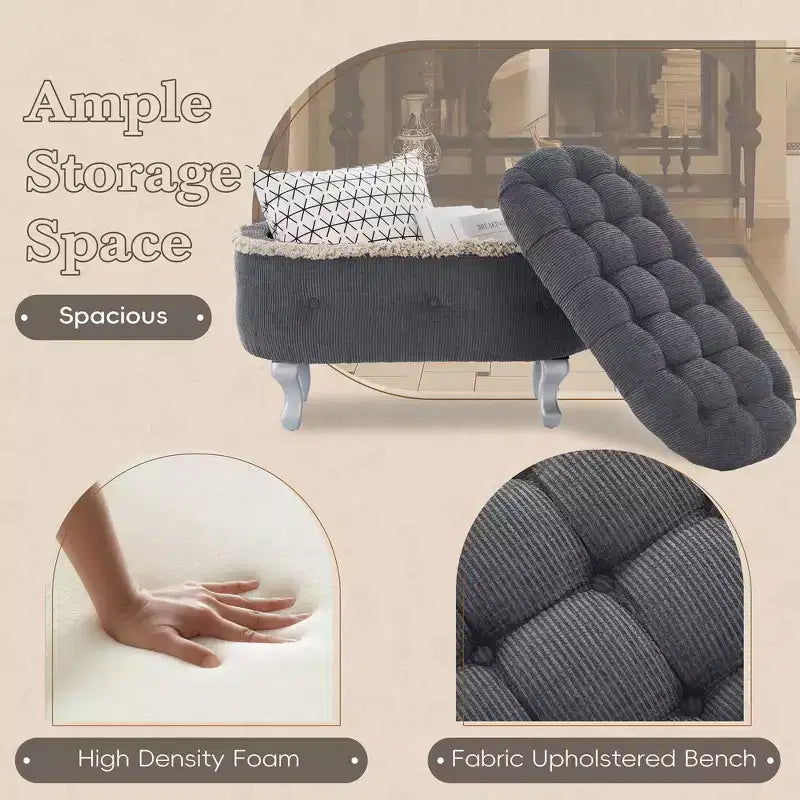 Panca contenitore trapuntata con bottoni e nappine, blu / grigio / arancione, imbottita, 1 posto a sedere