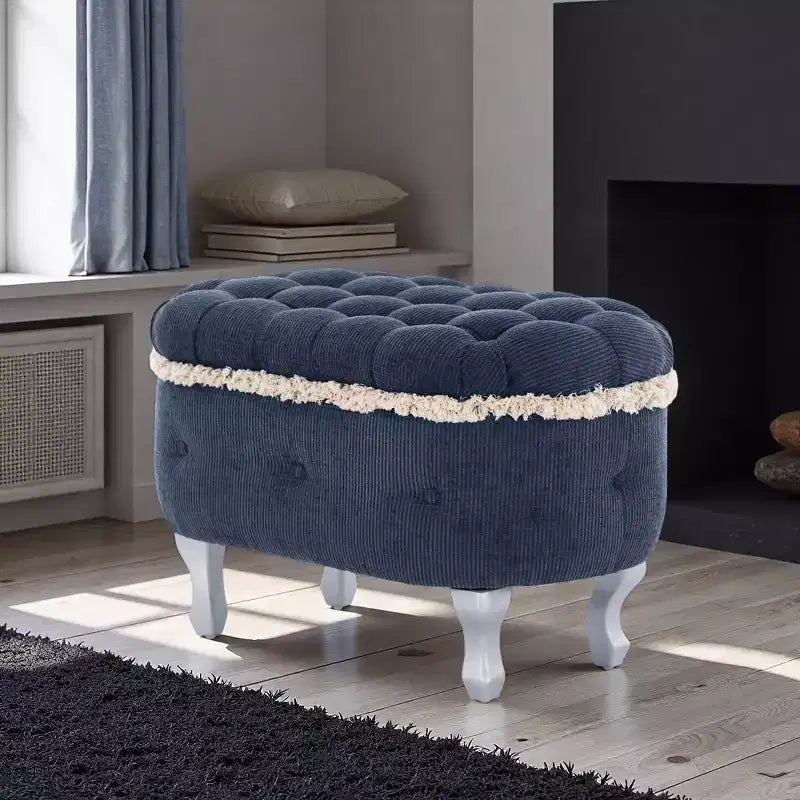 Panca contenitore trapuntata con bottoni e nappine, blu / grigio / arancione, imbottita, 1 posto a sedere
