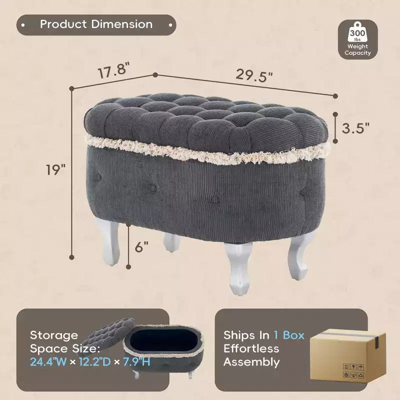 Panca contenitore trapuntata con bottoni e nappine, blu / grigio / arancione, imbottita, 1 posto a sedere