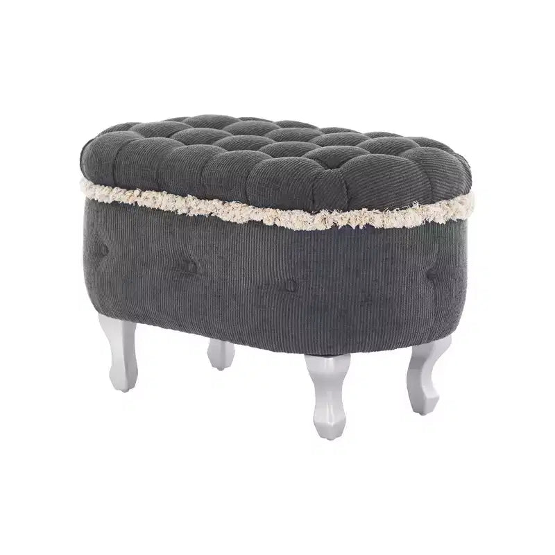 Panca contenitore trapuntata con bottoni e nappine, blu / grigio / arancione, imbottita, 1 posto a sedere
