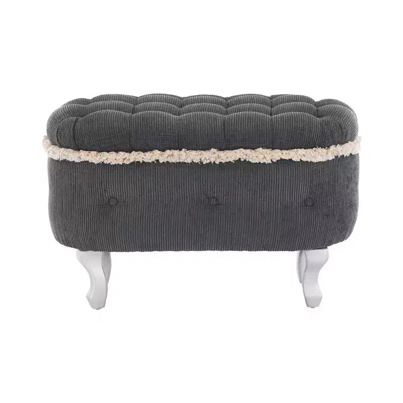 Panca contenitore trapuntata con bottoni e nappine, blu / grigio / arancione, imbottita, 1 posto a sedere