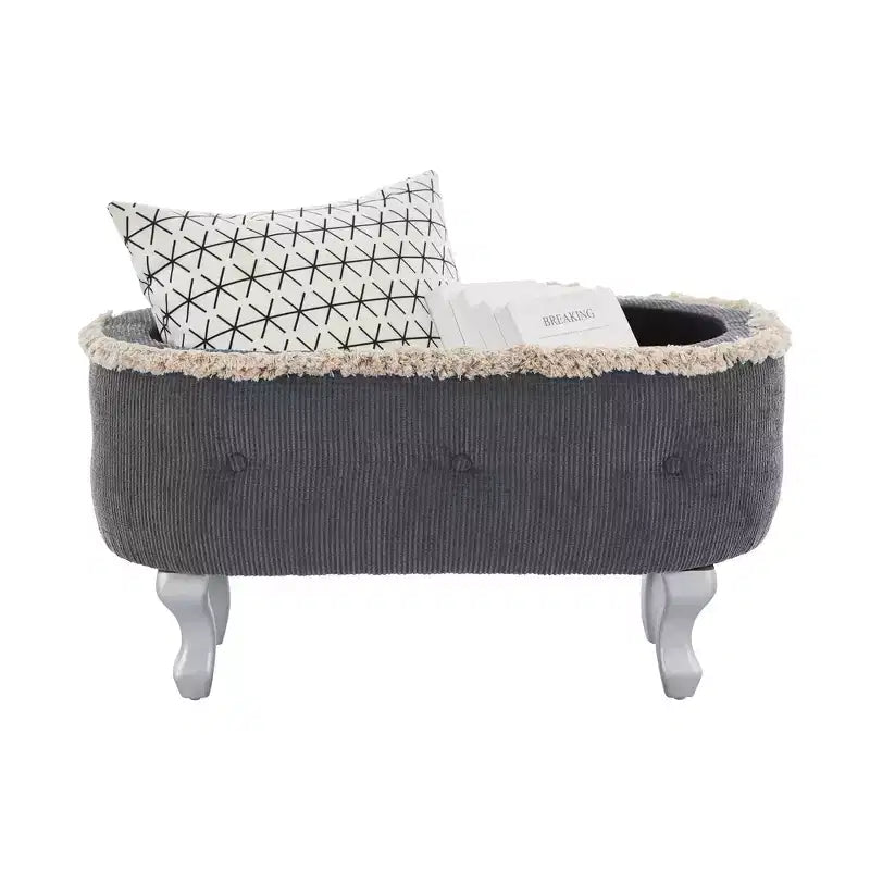 Panca contenitore trapuntata con bottoni e nappine, blu / grigio / arancione, imbottita, 1 posto a sedere