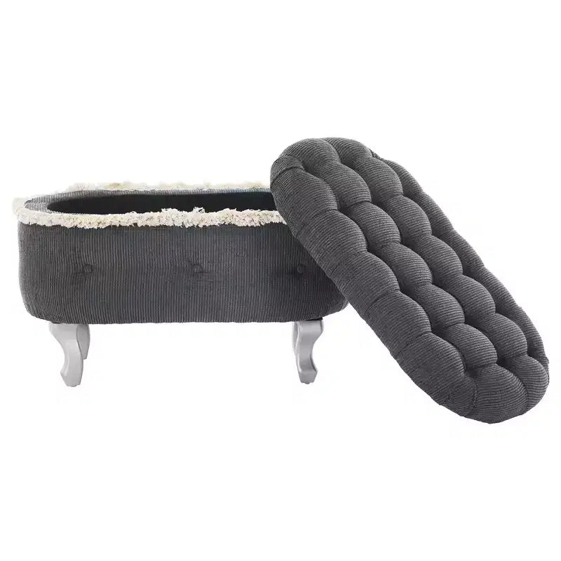 Panca contenitore trapuntata con bottoni e nappine, blu / grigio / arancione, imbottita, 1 posto a sedere
