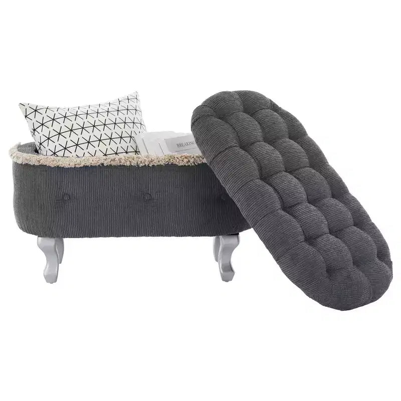 Panca contenitore trapuntata con bottoni e nappine, blu / grigio / arancione, imbottita, 1 posto a sedere