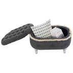 Panca contenitore trapuntata con bottoni e nappine, blu / grigio / arancione, imbottita, 1 posto a sedere