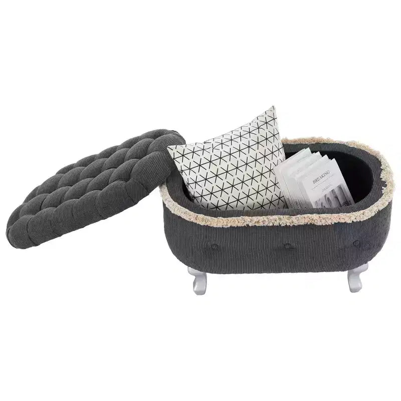 Panca contenitore trapuntata con bottoni e nappine, blu / grigio / arancione, imbottita, 1 posto a sedere