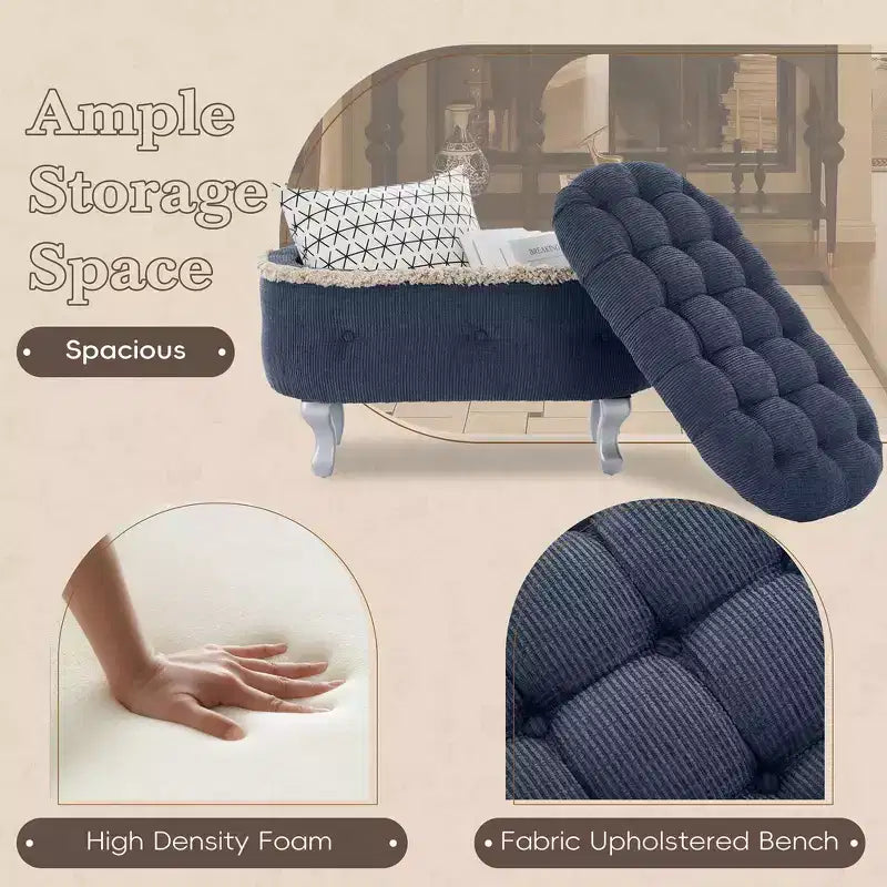 Panca contenitore trapuntata con bottoni e nappine, blu / grigio / arancione, imbottita, 1 posto a sedere
