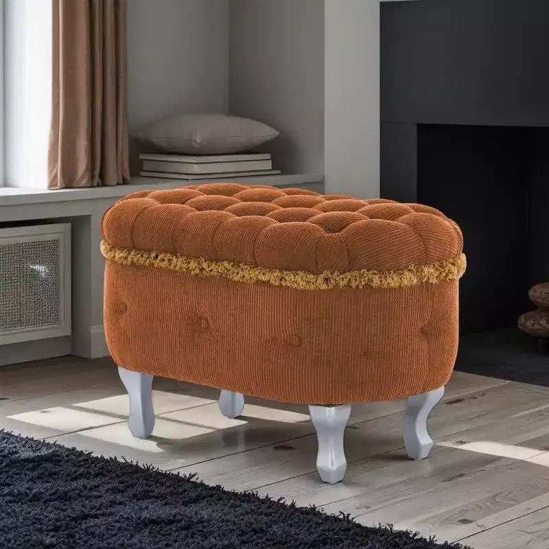 Panca contenitore trapuntata con bottoni e nappine, blu / grigio / arancione, imbottita, 1 posto a sedere