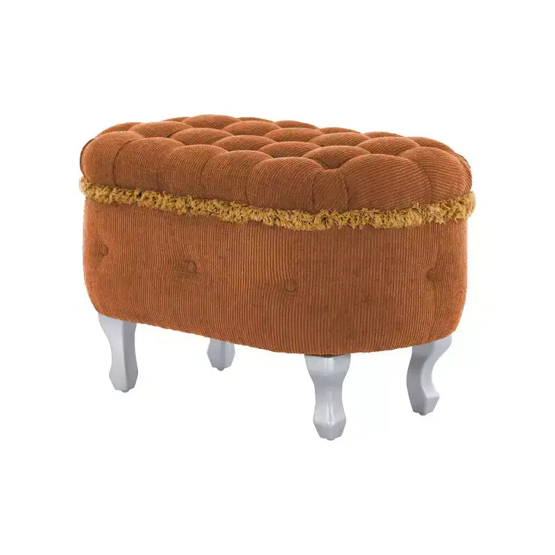 Panca contenitore trapuntata con bottoni e nappine, blu / grigio / arancione, imbottita, 1 posto a sedere