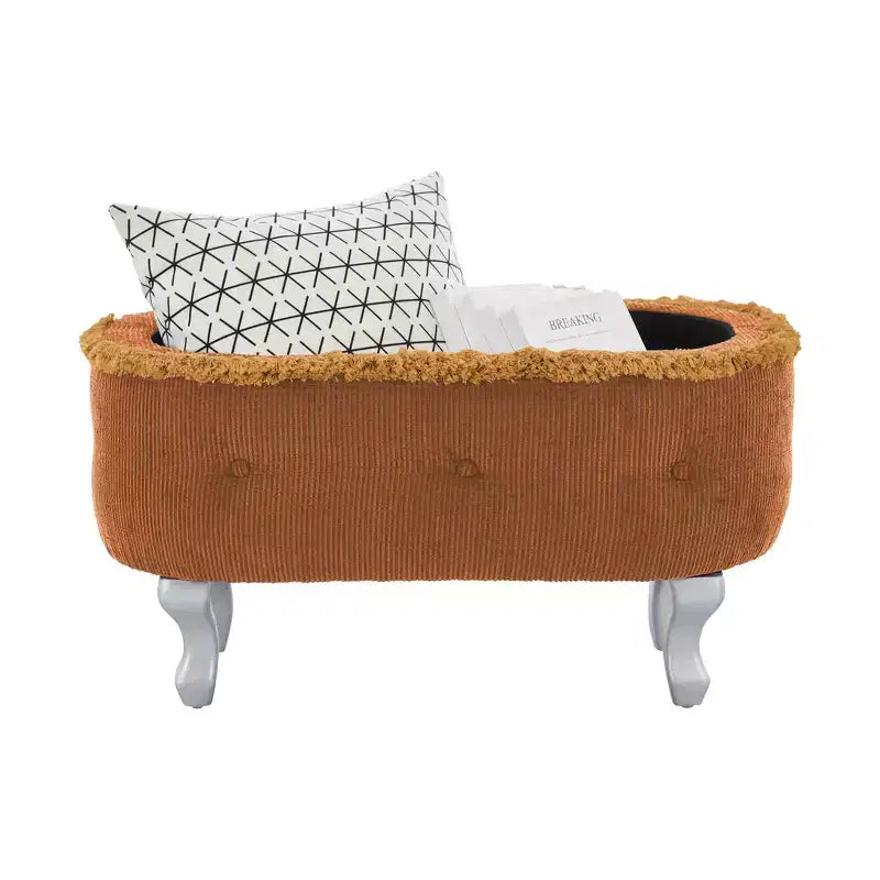 Panca contenitore trapuntata con bottoni e nappine, blu / grigio / arancione, imbottita, 1 posto a sedere