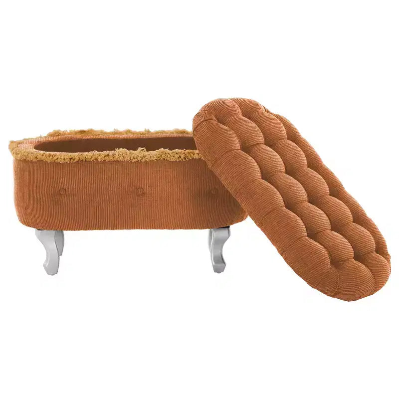 Panca contenitore trapuntata con bottoni e nappine, blu / grigio / arancione, imbottita, 1 posto a sedere