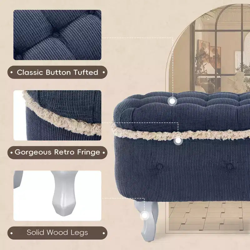 Panca contenitore trapuntata con bottoni e nappine, blu / grigio / arancione, imbottita, 1 posto a sedere