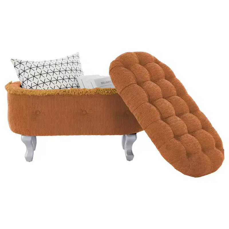 Panca contenitore trapuntata con bottoni e nappine, blu / grigio / arancione, imbottita, 1 posto a sedere