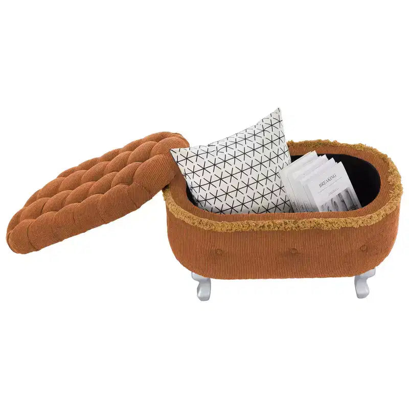 Panca contenitore trapuntata con bottoni e nappine, blu / grigio / arancione, imbottita, 1 posto a sedere