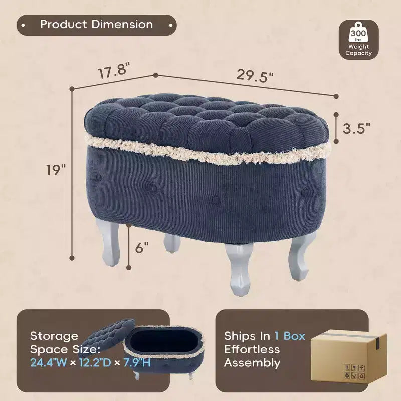 Panca contenitore trapuntata con bottoni e nappine, blu / grigio / arancione, imbottita, 1 posto a sedere